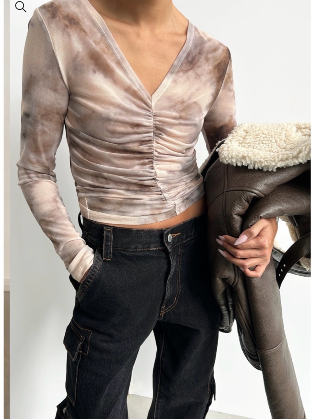 OAK + FORT Ruched Front Mesh Top - Picture 5 of 5
